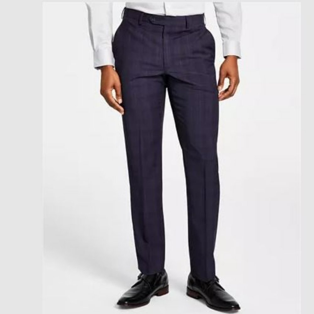 MICHAEL KORS Men's Pants Blue 34W X 32L Modern Fit Wool-Blend Plaid Suit